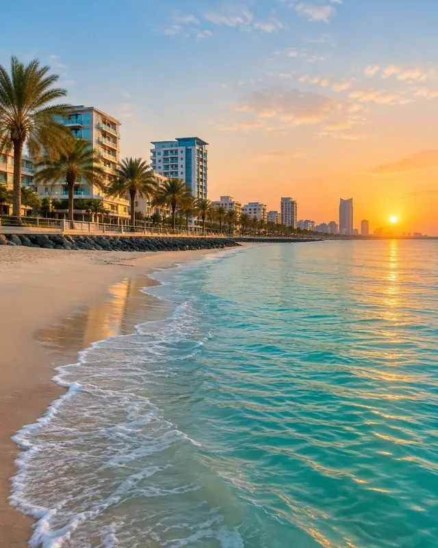 Palm-lined beach and corniche in Ajman at sunset