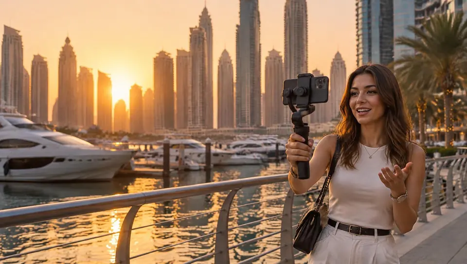 Content creator filming herself on a phone at Dubai Marina at sunset