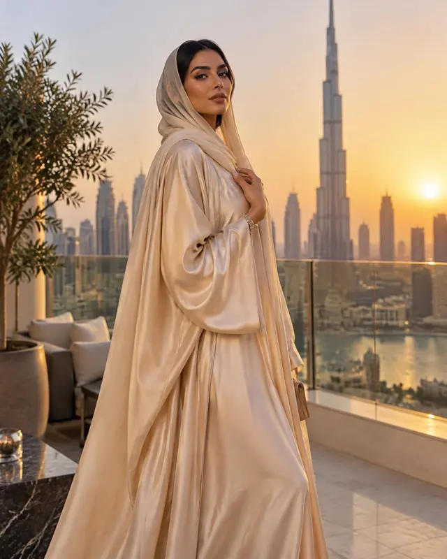 Fashion content creator in a flowing gown on a Dubai terrace with the skyline behind