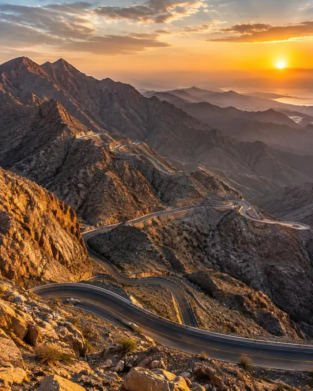Winding mountain road through the Hajar Mountains in Ras Al Khaimah