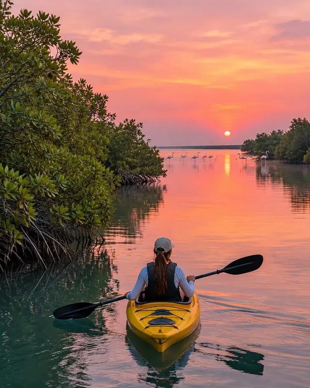 Kayaking through the mangroves of Umm Al Quwain at sunset